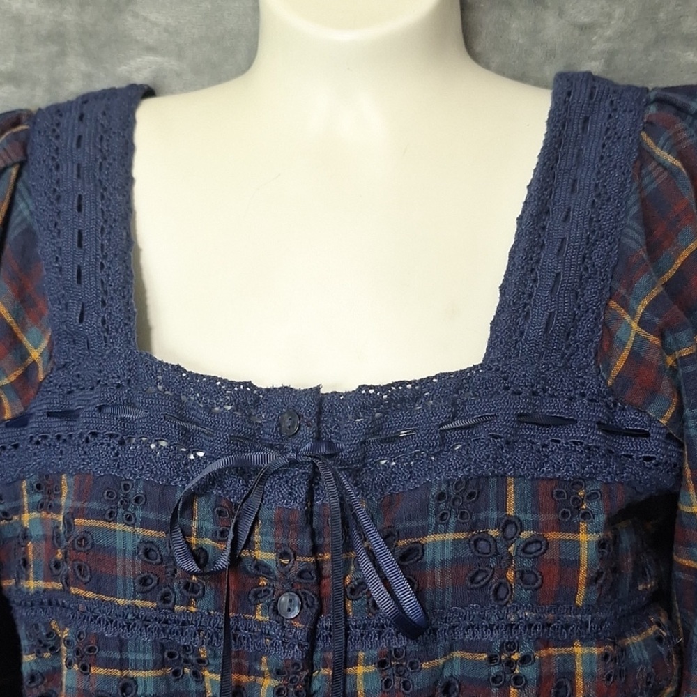 American Eagle Puff Sleeve Milk Maid Crop Top Blue Plaid Size XS Square Neckline - Picture 11 of 13